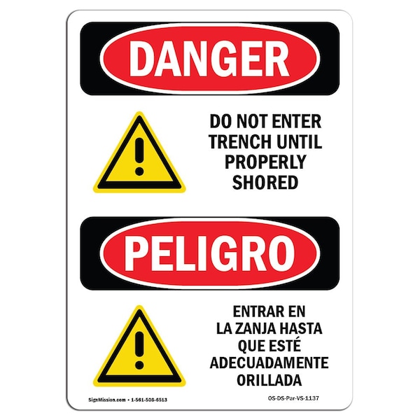 Safety Sign, OSHA, 5" Height, Do Not Enter Trench Until Shored Spanish, 10PK